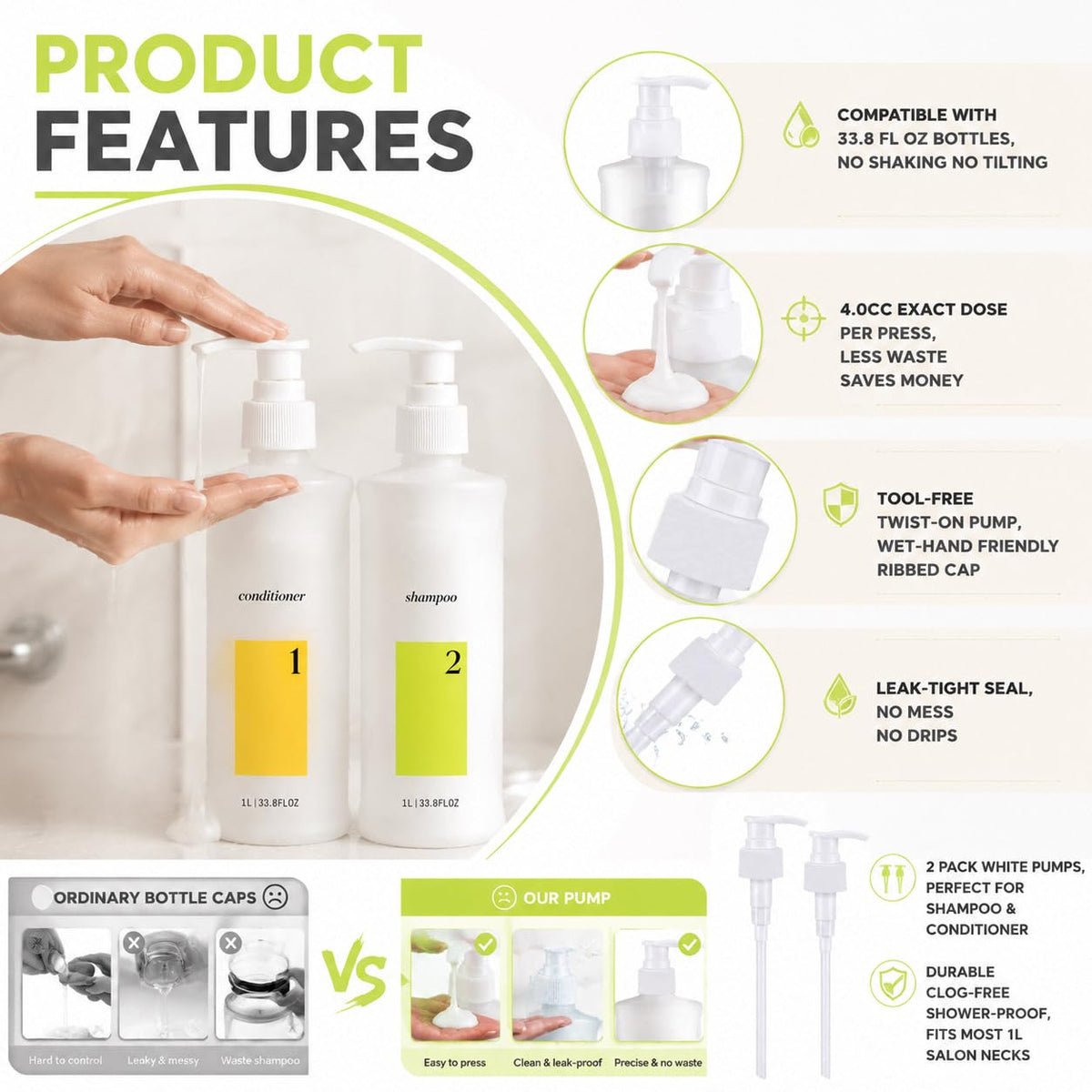White Smoke 2 Pack Pump for Nioxin Shampoo Conditioner 33.8 oz Bottle, Liter Pump Dispenser for Nioxin System 1-4 Bottles,Liter Shampoo Pump for Nioxin System 2