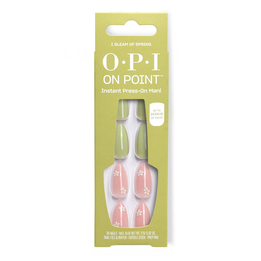 Dark Khaki OPI On Point I Gleam of Spring | Long Almond Pastel Green & Pink Floral Nail Art Press On Nails | 30 Count with Nail Glue | Long Lasting, Reusable, Non-damaging