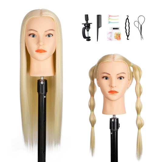 White Smoke 26-28''Mannequin Head 80% Human Hair, Cosmetology Mannequin Head Hairdressers Practice Braiding Doll Head for Hair stly (#613 Blond)
