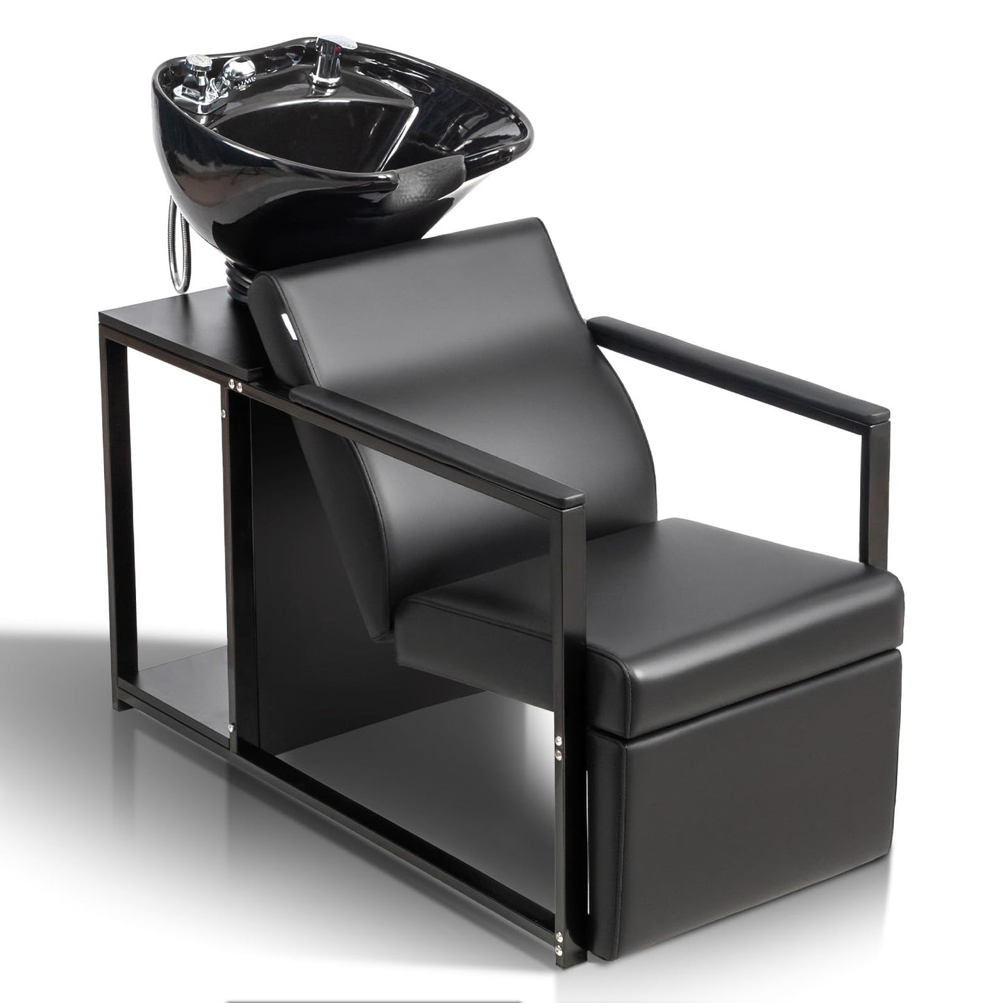 White Smoke OmySalon Shampoo Bowls for Salon, Hair Washing Station w/Porcelain Sink & Storage Shelf, Backwash Barber Chair Shampoo Unit for Beauty Spa Barbershop