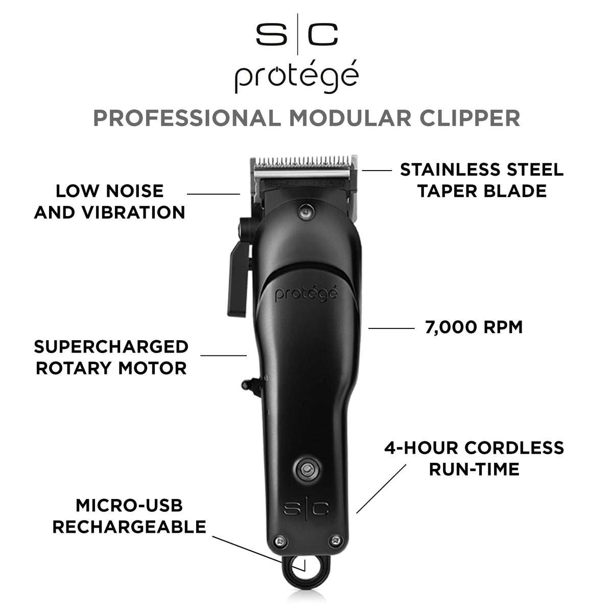White Smoke Stylecraft Protégé Cordless Hair Clipper Super Charged Motor, Matte Metallic Black