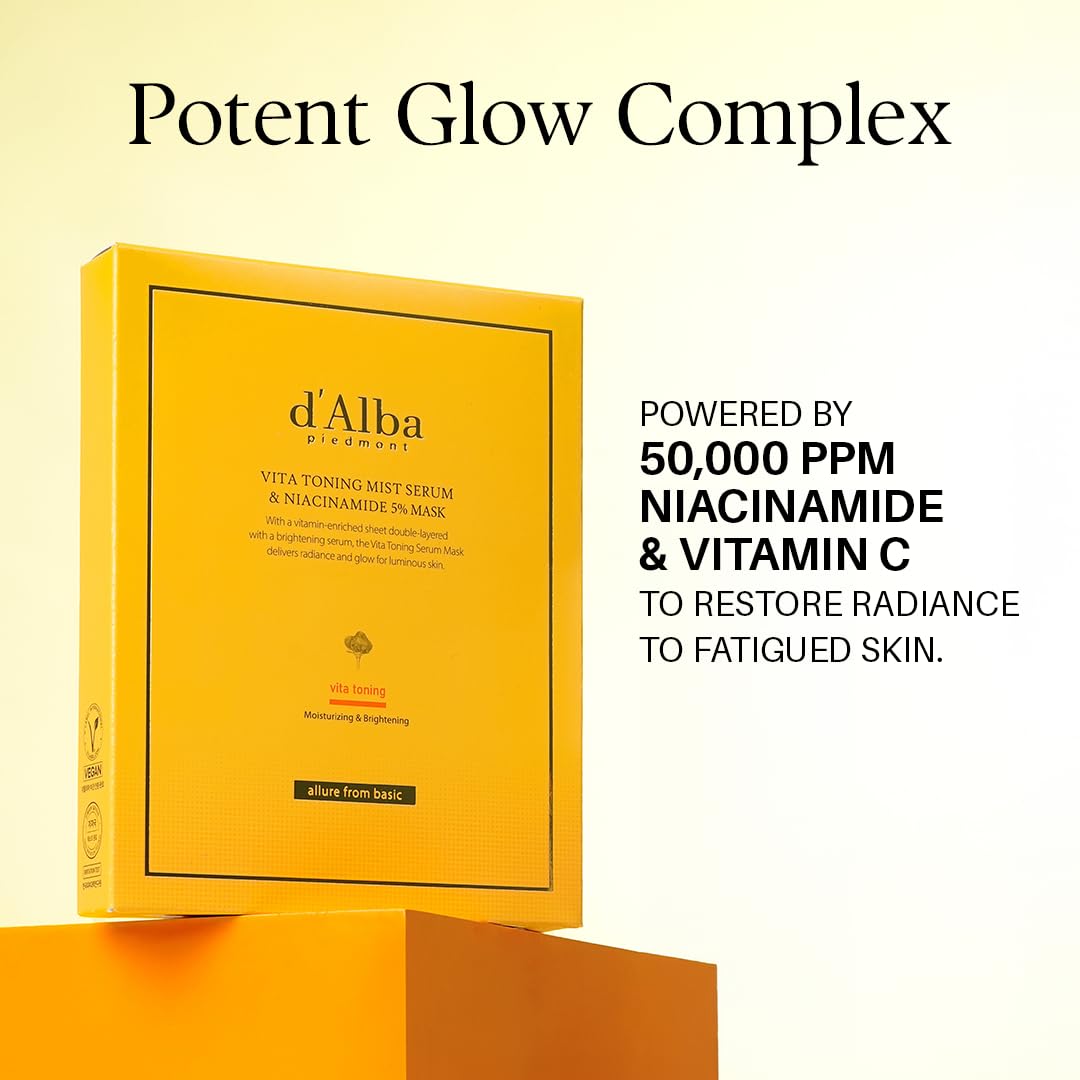 White Smoke d'alba Piedmont Vita Toning Niacinamide 5% Mask (4 Sheets), Hydrating Face Mask with Vitamin C, Glutathione & White Truffle, Radiance Boosting, Korean Skin Care