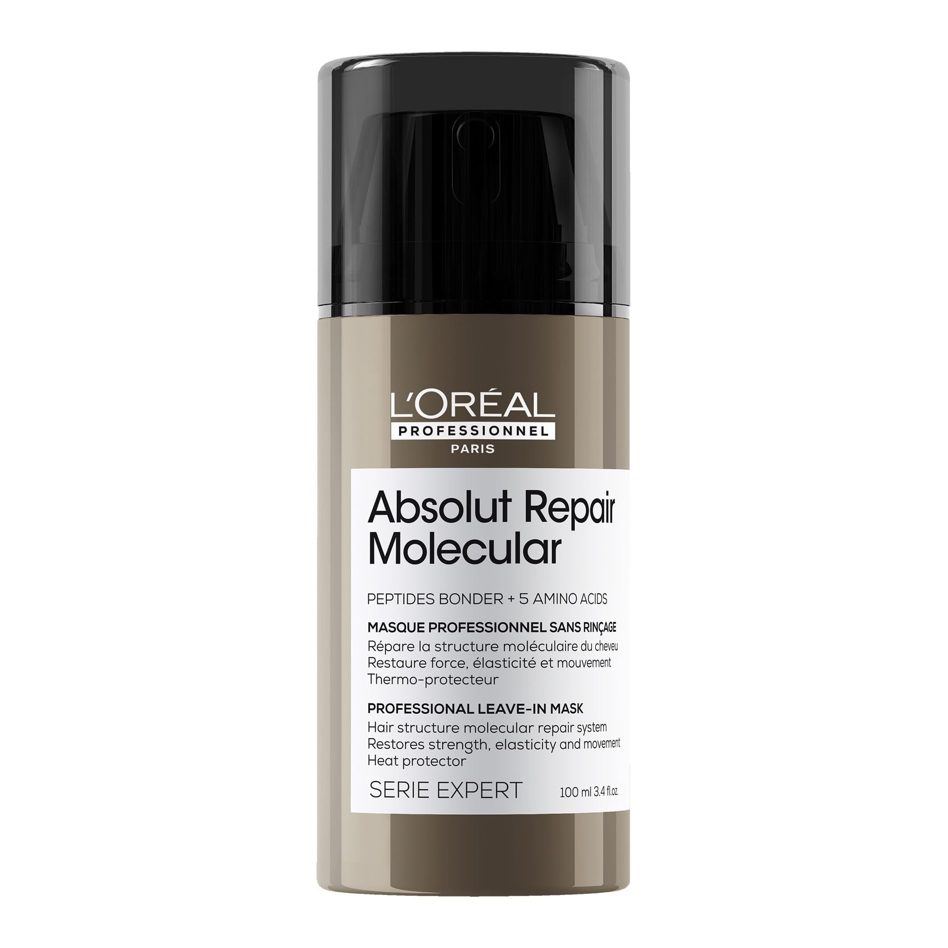 Black L'Oréal Professionnel Paris Absolut Repair Molecular Leave In Mask - Smooths and Strengthens Hair For All Damaged Hair Types, Provides Heat Protection
