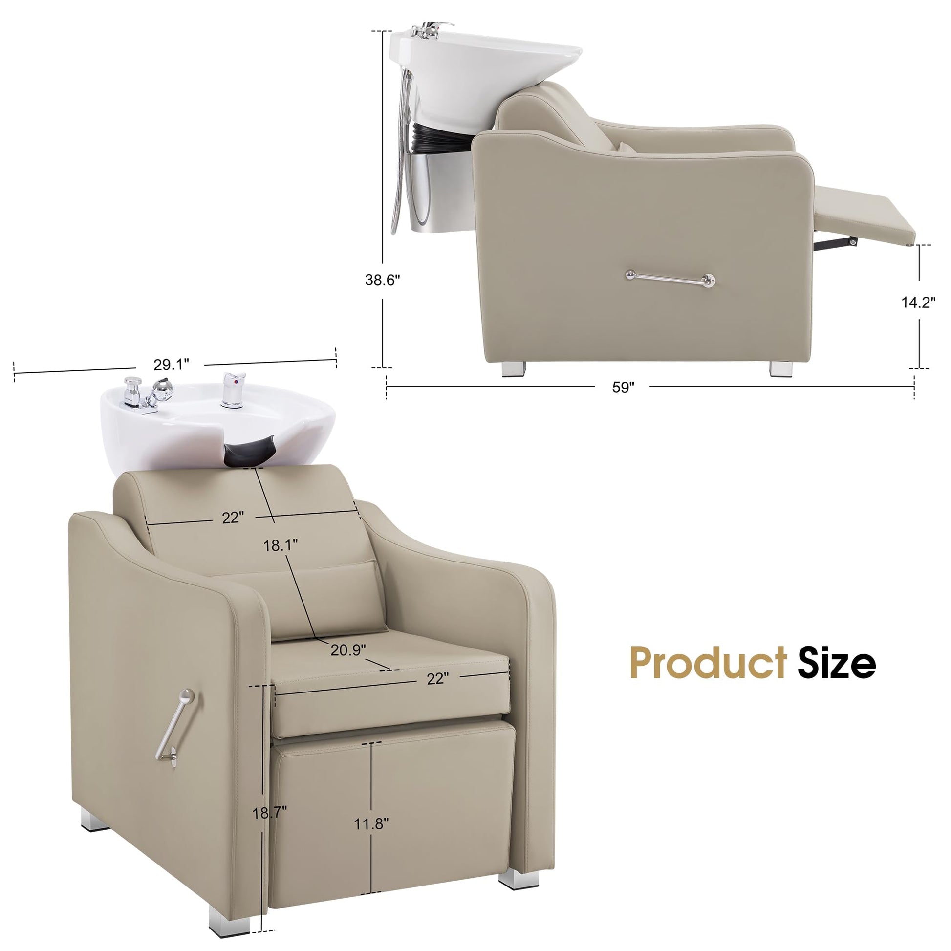 White Smoke BarberPub Backwash Shampoo Station Chair, Adjustable Porcelain Ceramic Hair Wash Bowl with Chair, Shampoo Station for Barber Shop, Spa Beauty Salon Equipment 9364 (Creamy White)