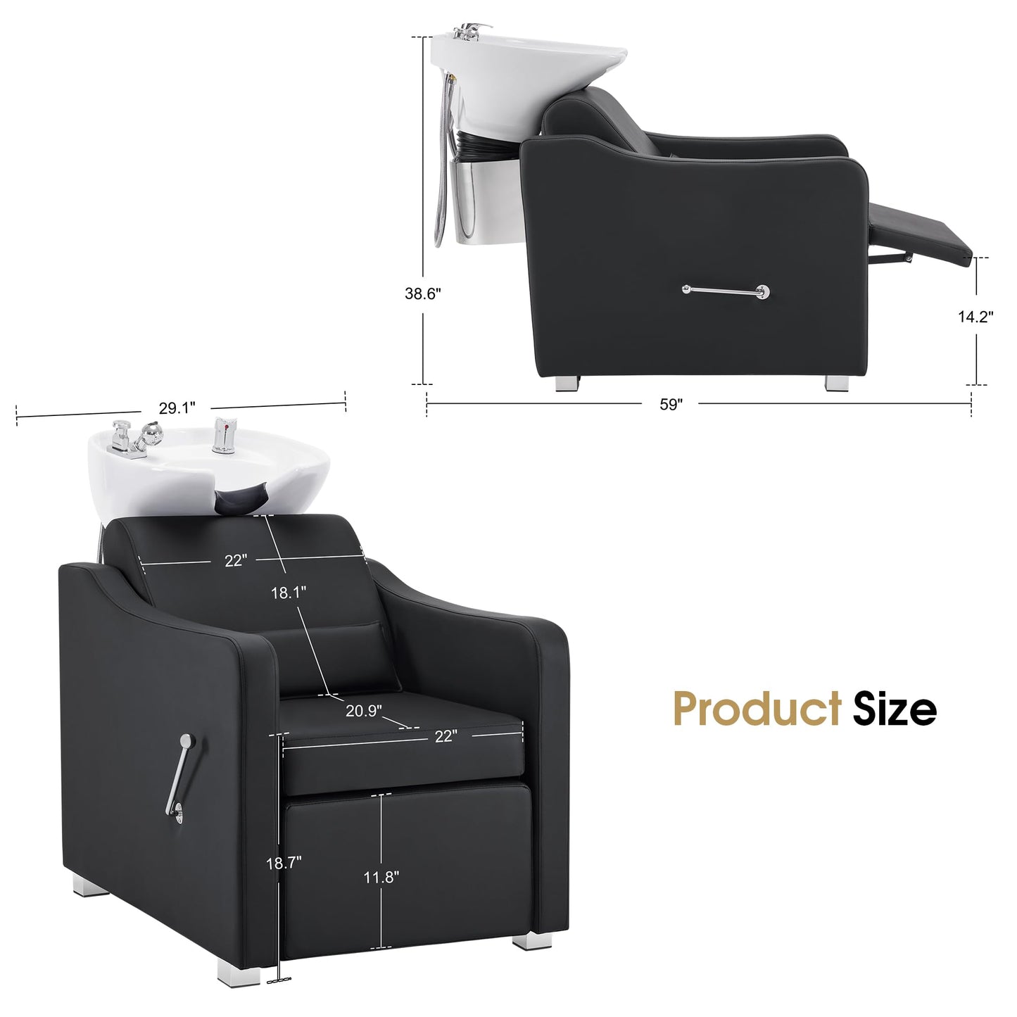 White Smoke BarberPub Backwash Shampoo Station Chair, Adjustable Porcelain Ceramic Hair Wash Bowl with Chair, Shampoo Station for Barber Shop, Spa Beauty Salon Equipment 9364 (Black)