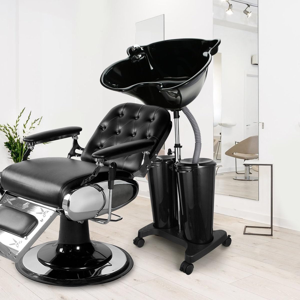 Lavender johgee Portable Shampoo Bowl with Electric Pump, Plastic Shampoo Unit with 2 Bucket and Drain Hoses, Basin Height Adjustable Portable Salon Sink for Home Salon Use