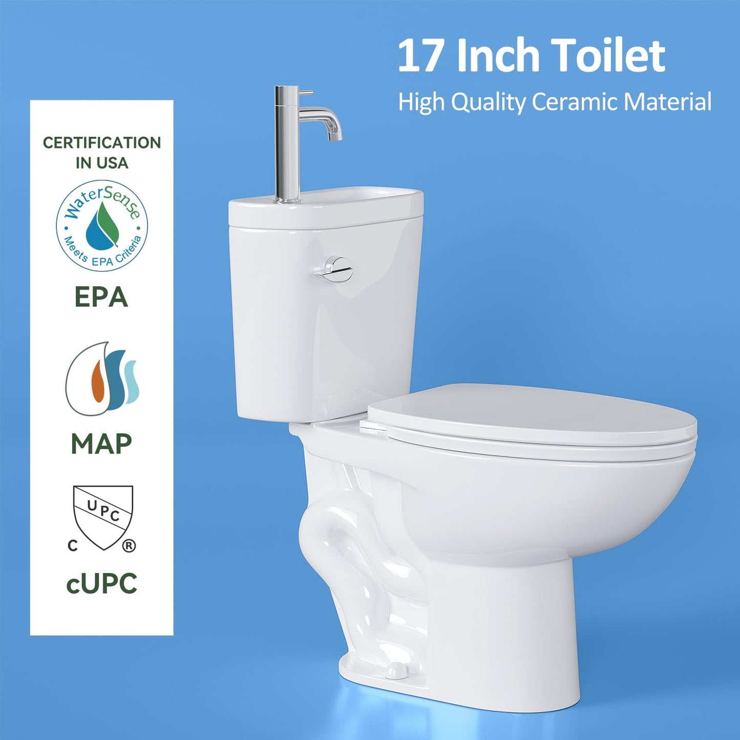 Cornflower Blue Simple Project Modern Elongated Toilet with Sink, 3-IN-1 Faucet Toilets with 12 Inch Rough IN & 1.28 GPF Single Flush, 17 Inch Tall Toilet Sink Combo for Small Bathrooms (Include Faucet)