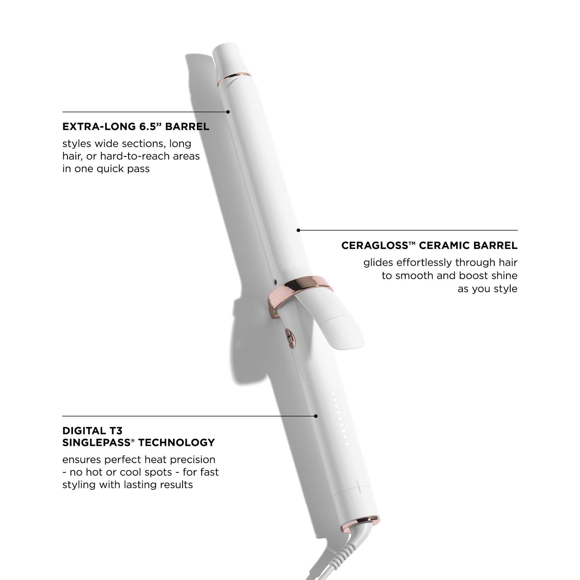 White Smoke T3 SinglePass Curl X Extra-Long Barrel 1", 1.25", 1.5" Curling Iron with 9 Heat Settings and Ceramic Barrel for Fast Styling and Lasting Results on All Hair Types