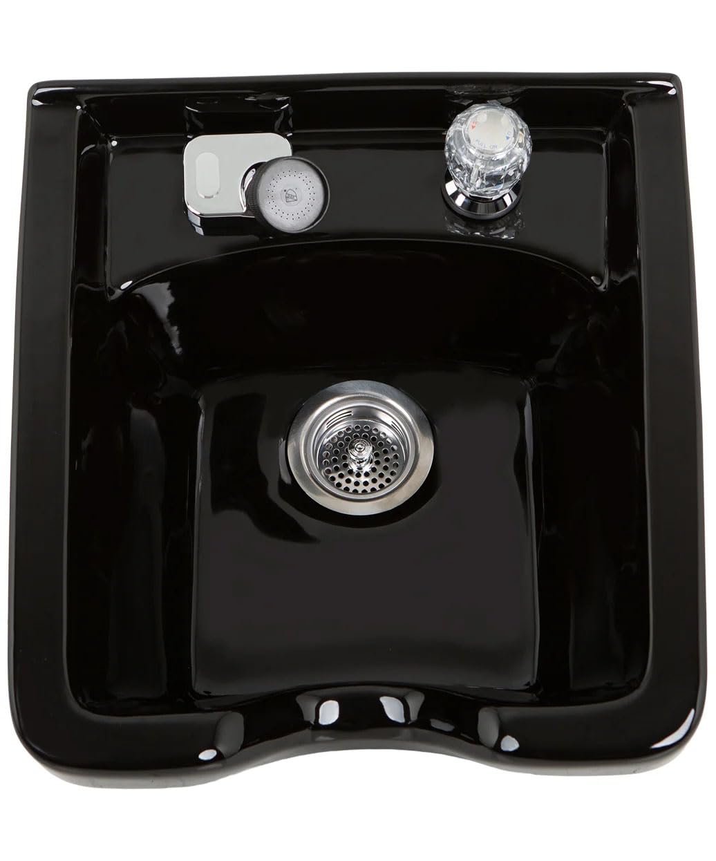 Black Pibbs Heavy-Duty Black Porcelain Shampoo Bowl for Professional Salons, Single-Handle Faucet, Spray Hose & Hardware. Wall-mounted design, PIB-5300
