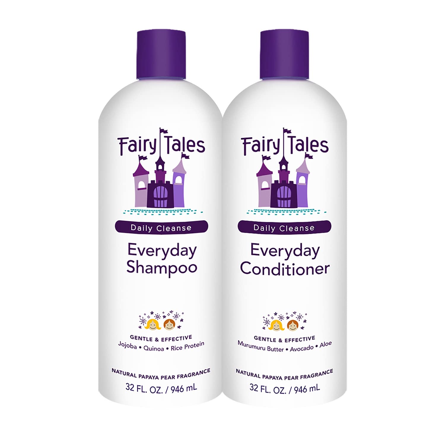 White Smoke Fairy Tales Daily Cleanse Everyday Kids Shampoo + Conditioner set - Gentle Natural Defining Product, Tangle Free, Moisturizing and Hydrating, Clean + Natural Ingredients - Paraben Free - 32 oz. (2PK)