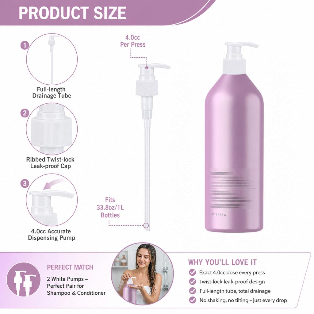 White Smoke 2 Pack Liter Pump for Pureology Shampoo and Conditioner 1 L / 33.8 oz Bottles, Pump for Pureology Shampoo 33.8 oz Pumps Dispenser