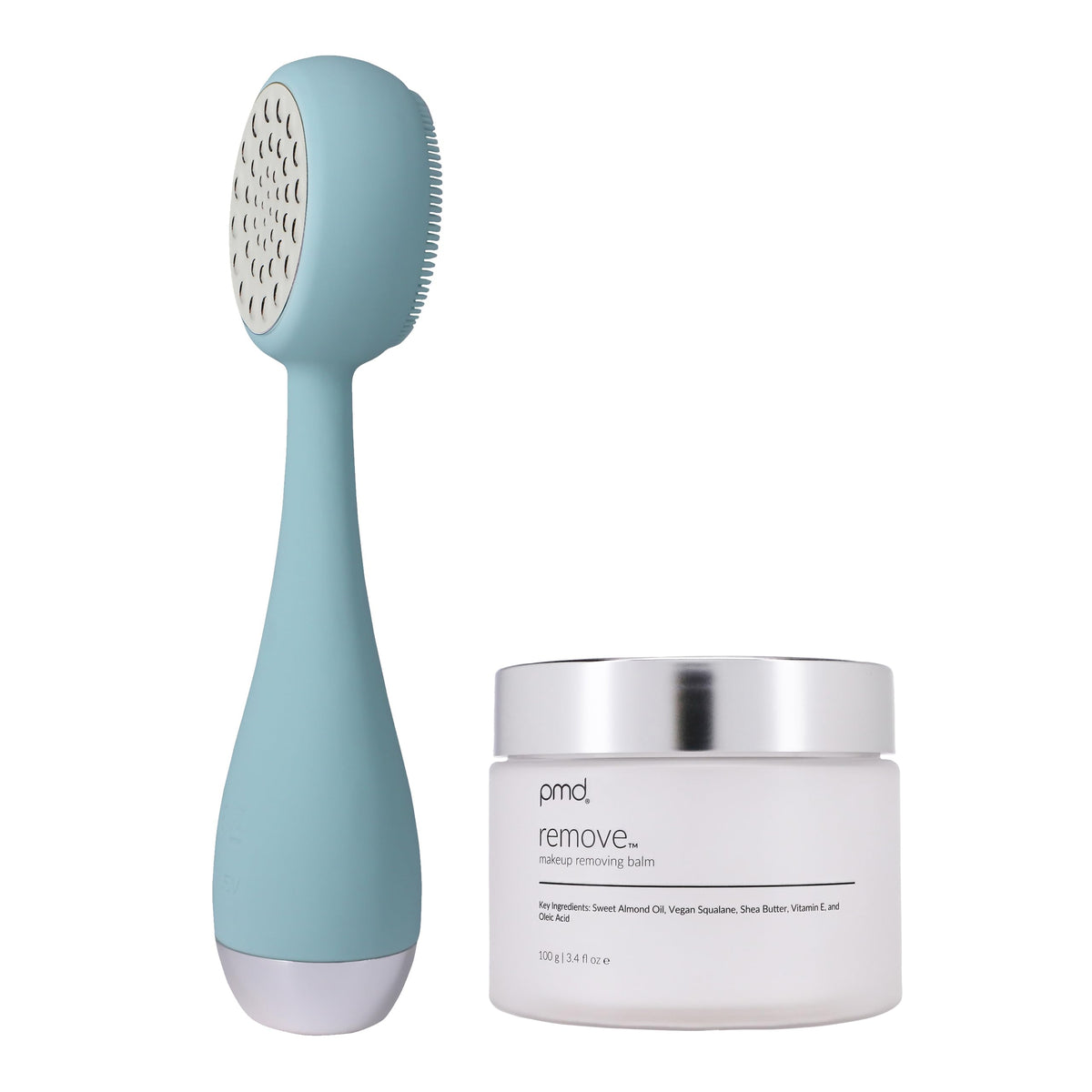 White Smoke PMD Beauty Clean Pro - Electric Facial Cleansing Brush, Smart Facial Device with Silicone Brush & Heated Anti-Aging Aluminum, Gemstone, Precious Metal Massager, Sky Silver + Balm