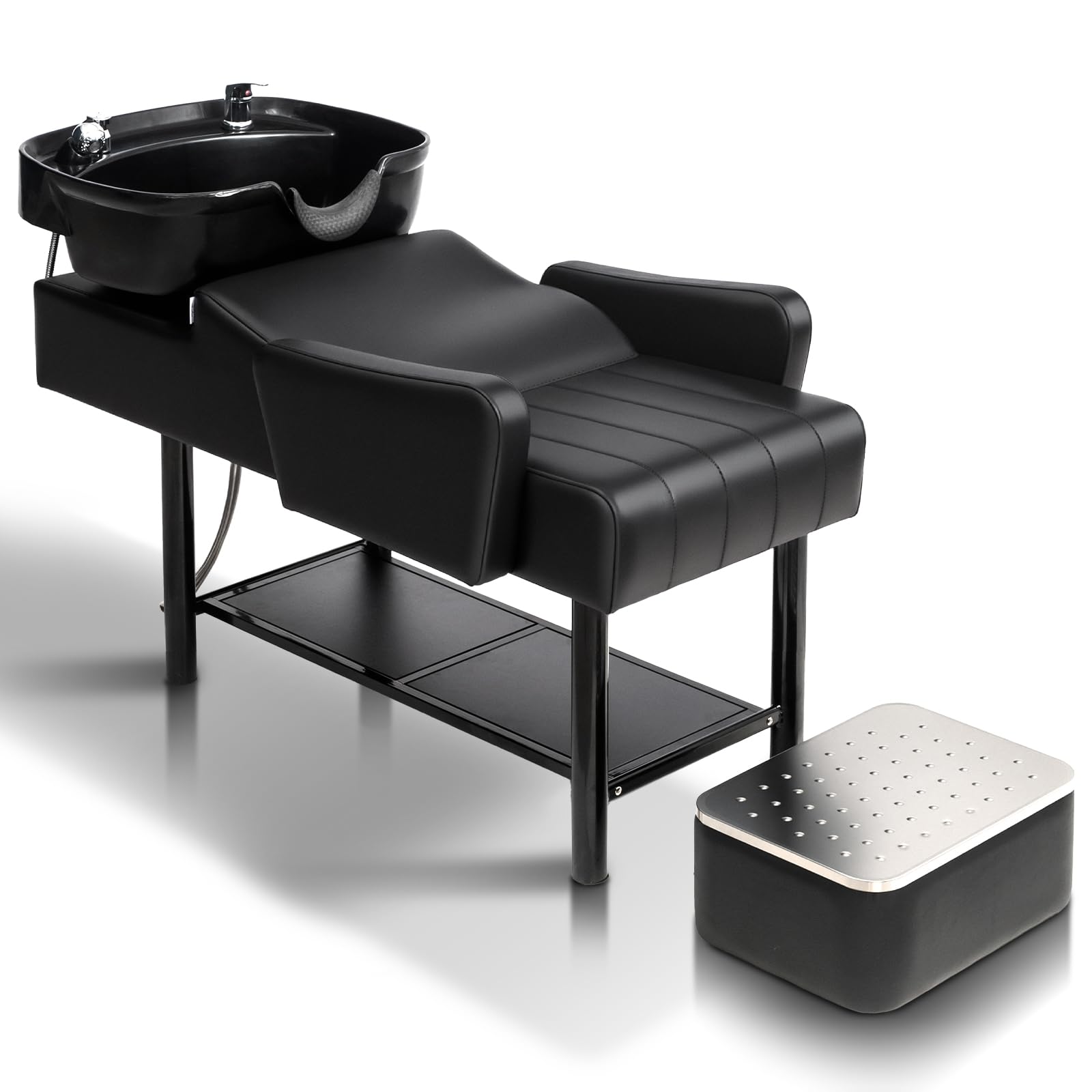 White Smoke OmySalon Backwash Unit with UPC Certified Shampoo Bowl & Storage Shelf, Hair Wash Chair Shampoo Station, Barbershop Beauty Spa Massage Hairdressing Equipment