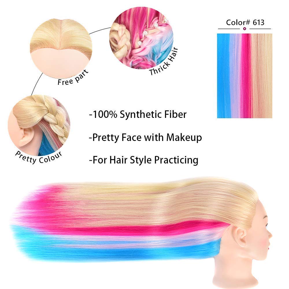 White Smoke Mannequin Head with Long Synthetic Fiber Colorful Hair Styling Training Head 26-28inch Manikin Cosmetology Doll Head Hairdressing Training Model for Cutting Braiding Practice and Free Clamp Holder