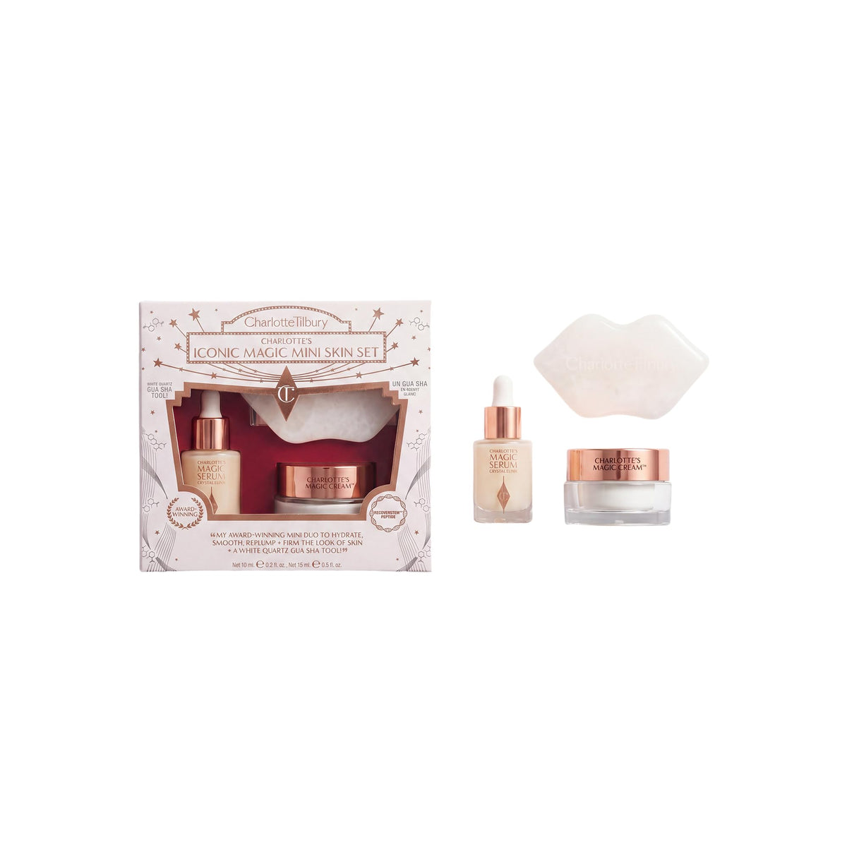 White Smoke Charlotte Tilbury Iconic Magic Mini Skin Set - Travel Size Skincare Gift Set with Moisturizer, Face Serum & Limited Edition Gua Sha