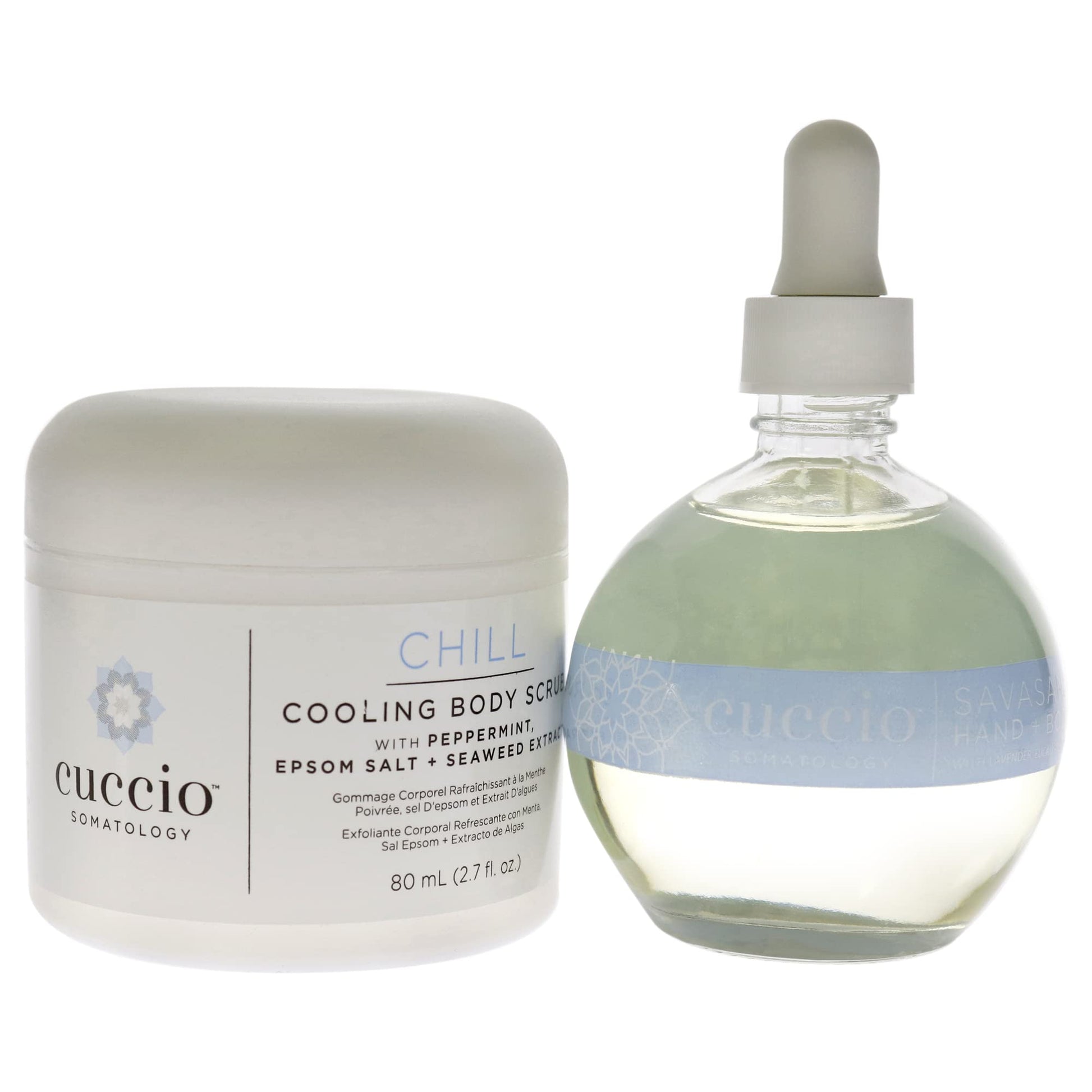 White Smoke Cuccio Somatology Chill Kit - Gently Exfoliates - Soothes and Hydrates Skin - for Yourself or Loved Ones - Paraben Free - Includes Cooling Body Scrub and Hand and Body Oil - 2 pc