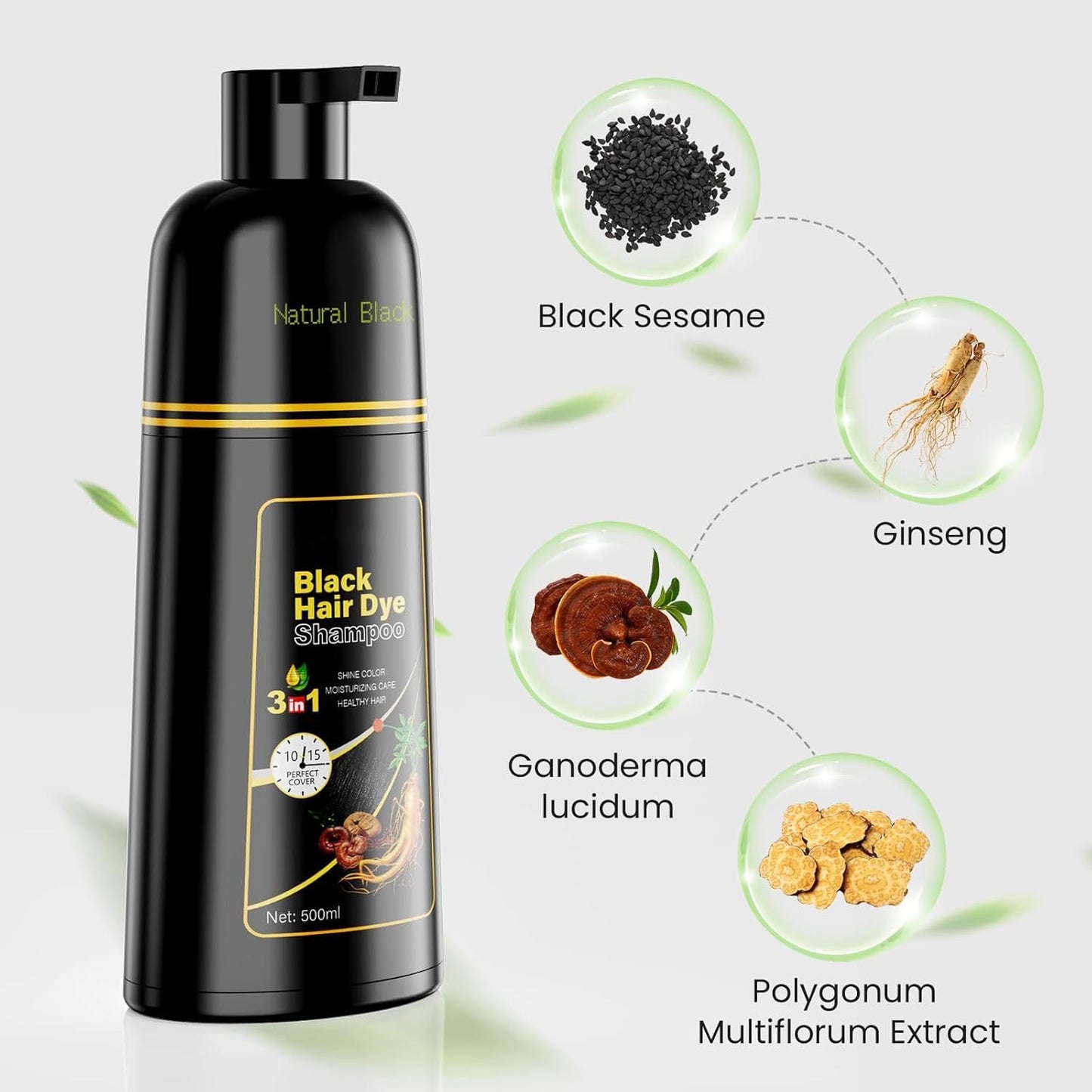 Lavender KINGMING Black Hair Dye Shampoo 3 in 1 for Gray Hair, Hair Color Shampoo for Women Men Grey Hair Coverage, Herbal Ingredients Champu Con Tinte Para Canas 500ml (Black).