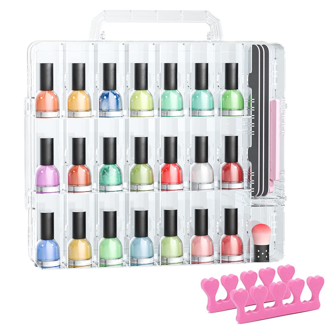 White Smoke JIASHENG Nail Polish Organizer Case for 48 Bottles, Gel Nail Polish Storage Holder Double Side Adjustable Space Divider for Acrylic Nail Gel Dip Powder Tips Set with Two Toe Separator