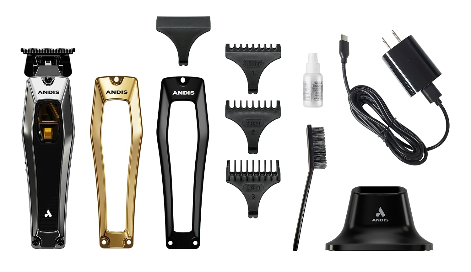 White Smoke Andis 562703 Recon Professional Barber Vector Motor Beard & Hair Cordless Trimmer, DLC T-Blade, USB-C Charging with Premium Charge Stand, Black