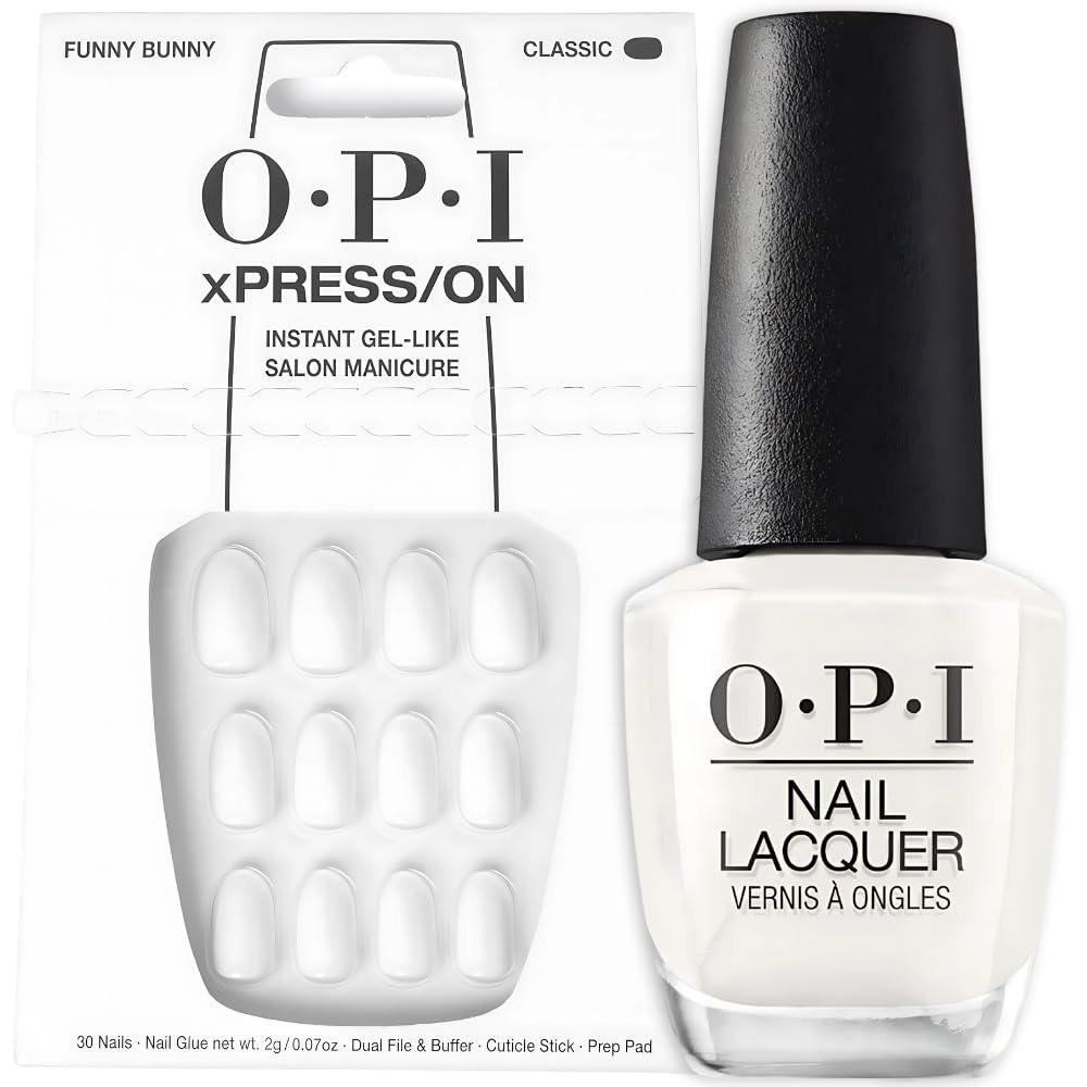 White Smoke OPI Nail Lacquer & xPRESS/ON Press on Nails, Funny Bunny Bundle | Soft White Short Round Press-On Nails with Matching Nail Lacquer Polish Shade