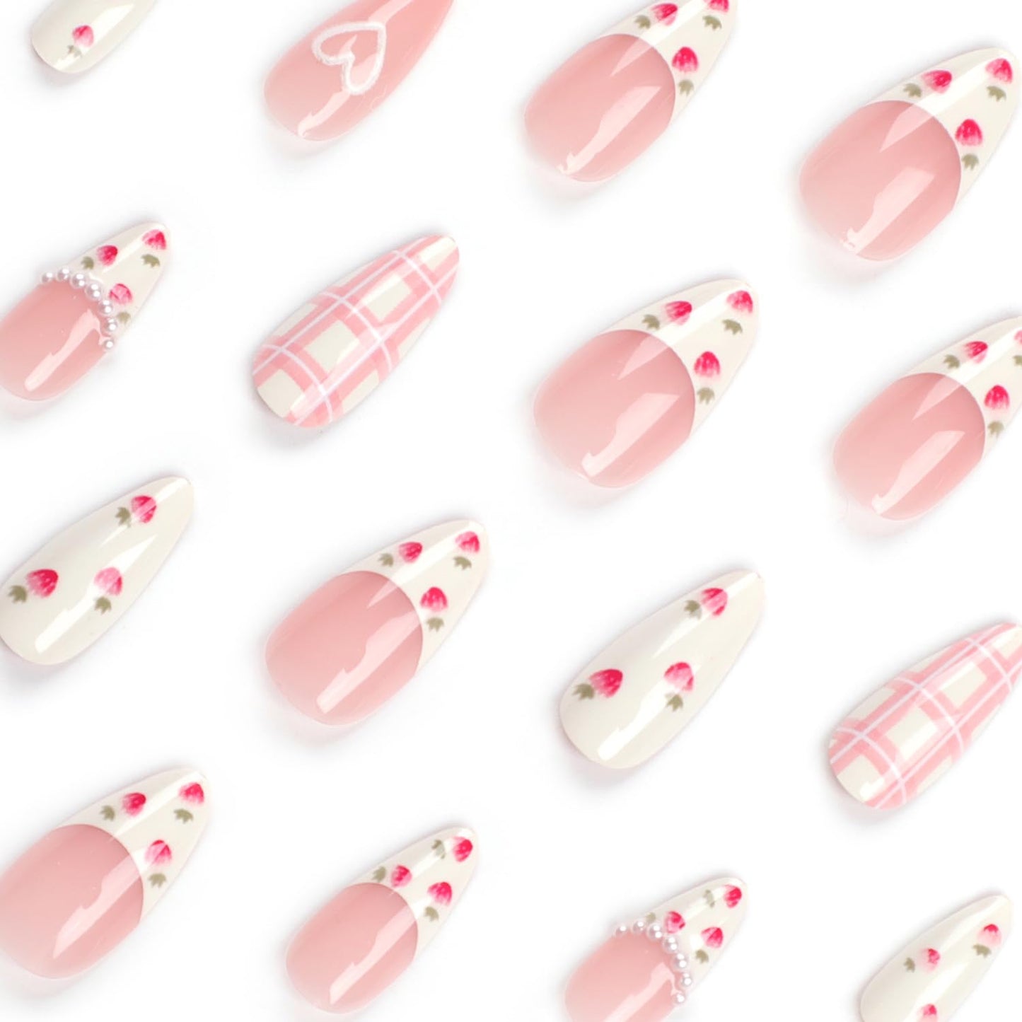 White Smoke Press On Alcove - Cute Strawberry 3D Love Heart & Pearl Design False Nails: Medium Almond, Artificial Acrylic, Full Coverage, Reusable Coffin, Glue On Nails for Women