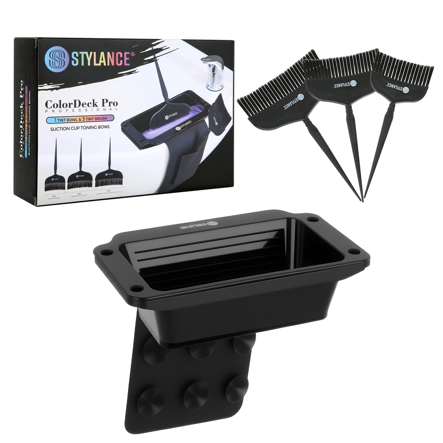 White Smoke STYLANCE Toning Tub Hair Dye Bowl，Professional Hair Dye Color Mixing Bowl，Suction to Sink & Shampoo Station，For Salon and Home, Black