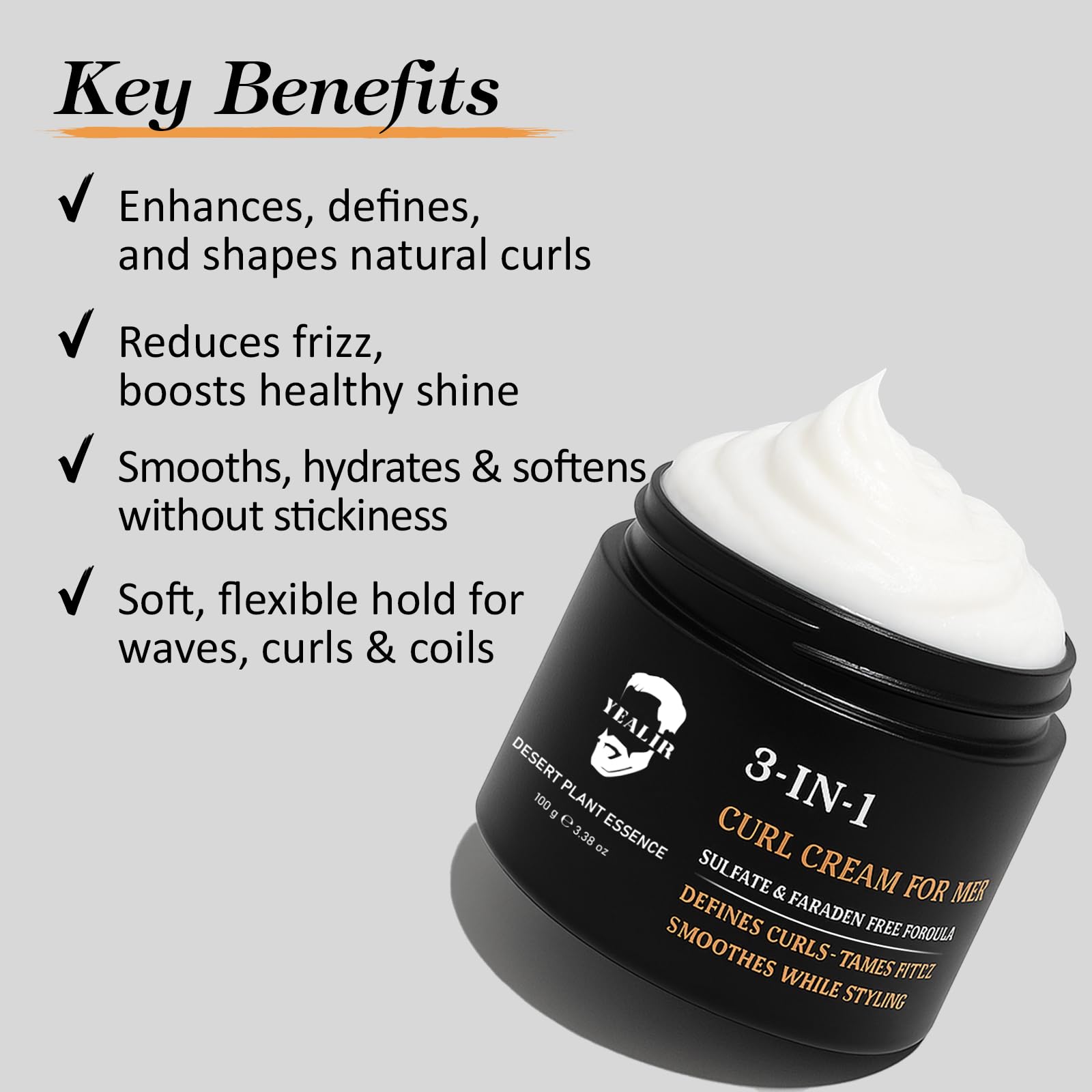 Light Gray 3-in-1 Curl Cream for Men - Defines Curls, Tames Frizz, Adds Smoothness and Texture for Curly and Wavy Hair, Hair Styling Cream with Desert Derived Extracts, Sulfate - Free 3.38 oz