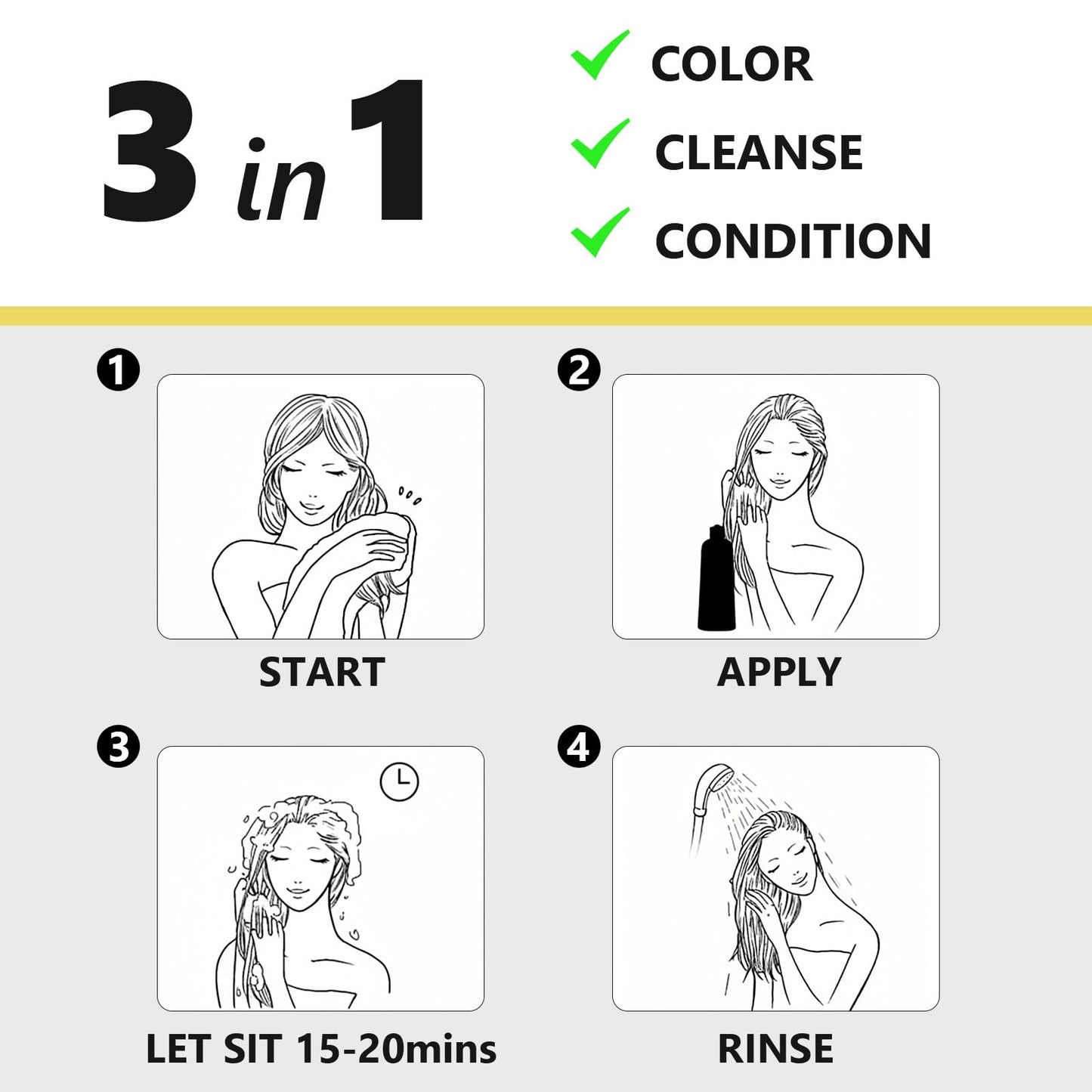 Lavender KAISASA Black Hair Dye Shampoo 3 in 1 for Gray Hair, Hair Color Shampoo for Women Men Grey Hair Coverage 500ml (Black)