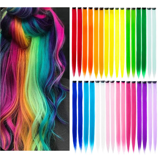 White Smoke KGBFASS 32Packs Colored Hair Extensions 20Inch Straight Color Clip in on Hair Extension Rainbow Party Highlights Synthetic Hairpiece(16 colors)