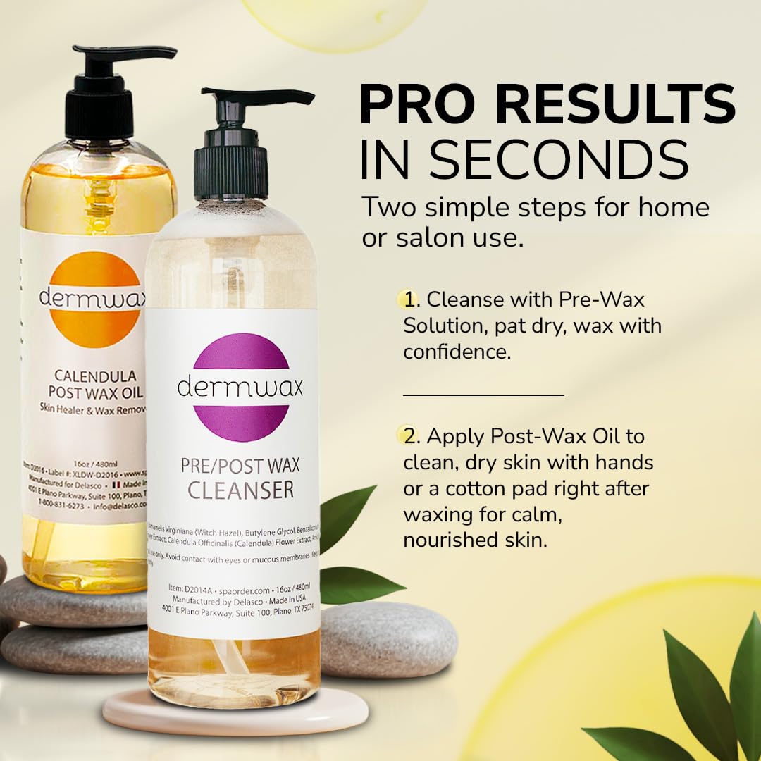 Antique White Dermwax Pre and Post Wax Care Kit – Complete Prep & Aftercare in One Set – Cleanser Removes Oils & Residue – Calendula Oil Calms & Nourishes Skin – Gentle, Paraben-Free Formulas
