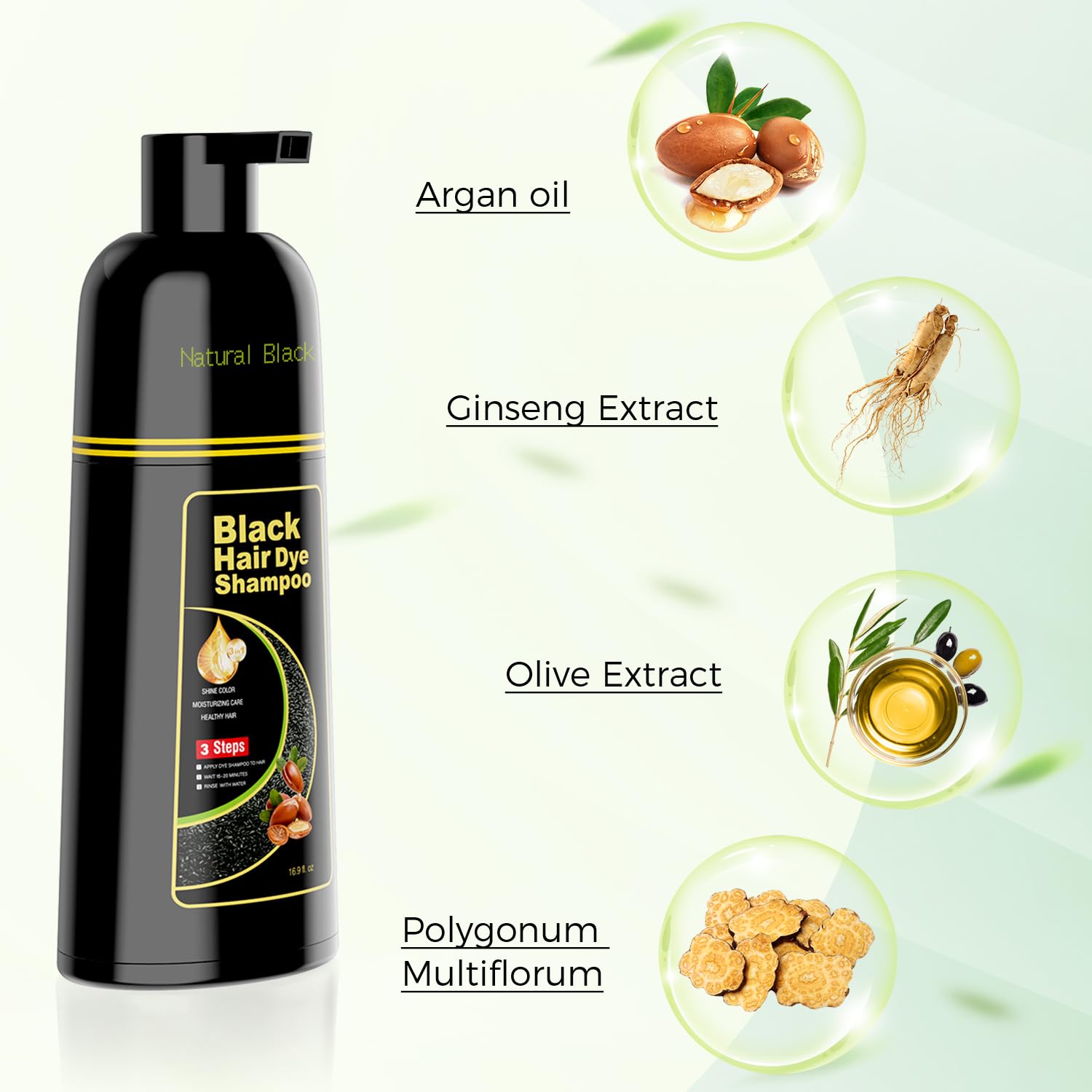 Seashell KAISASA Black Hair Dye Shampoo 3 in 1，Argan Natural Herbal Formula Hair Color Shampoo Covers Gray Hair for Women and Men (16.9 fl.oz Black)