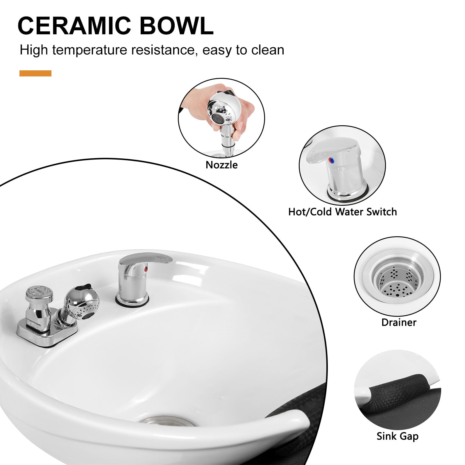 White Smoke Artist Hand Shampoo Bowl, 47" Ceramic Bowl Chair Adjustable Backwash Shampoo Station Footrest Salon Equipment(White Bowl)