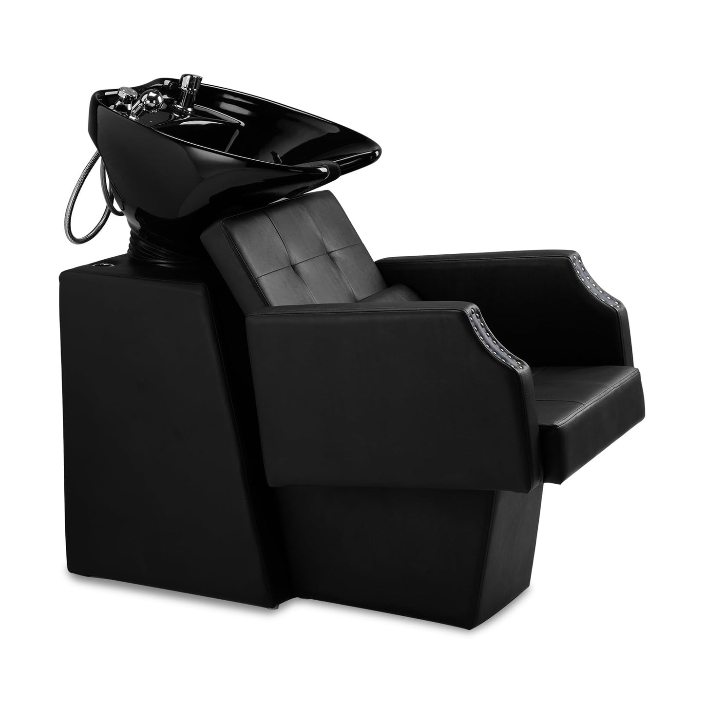 Black Winado Salon Shampoo Backwash Chair, Hair Wash Stations with Large Ceramic Bowl, Adjustable Shampoo Bowl Sink Chair for Barbershop Beauty Spa Massage Hairdressing Equipment