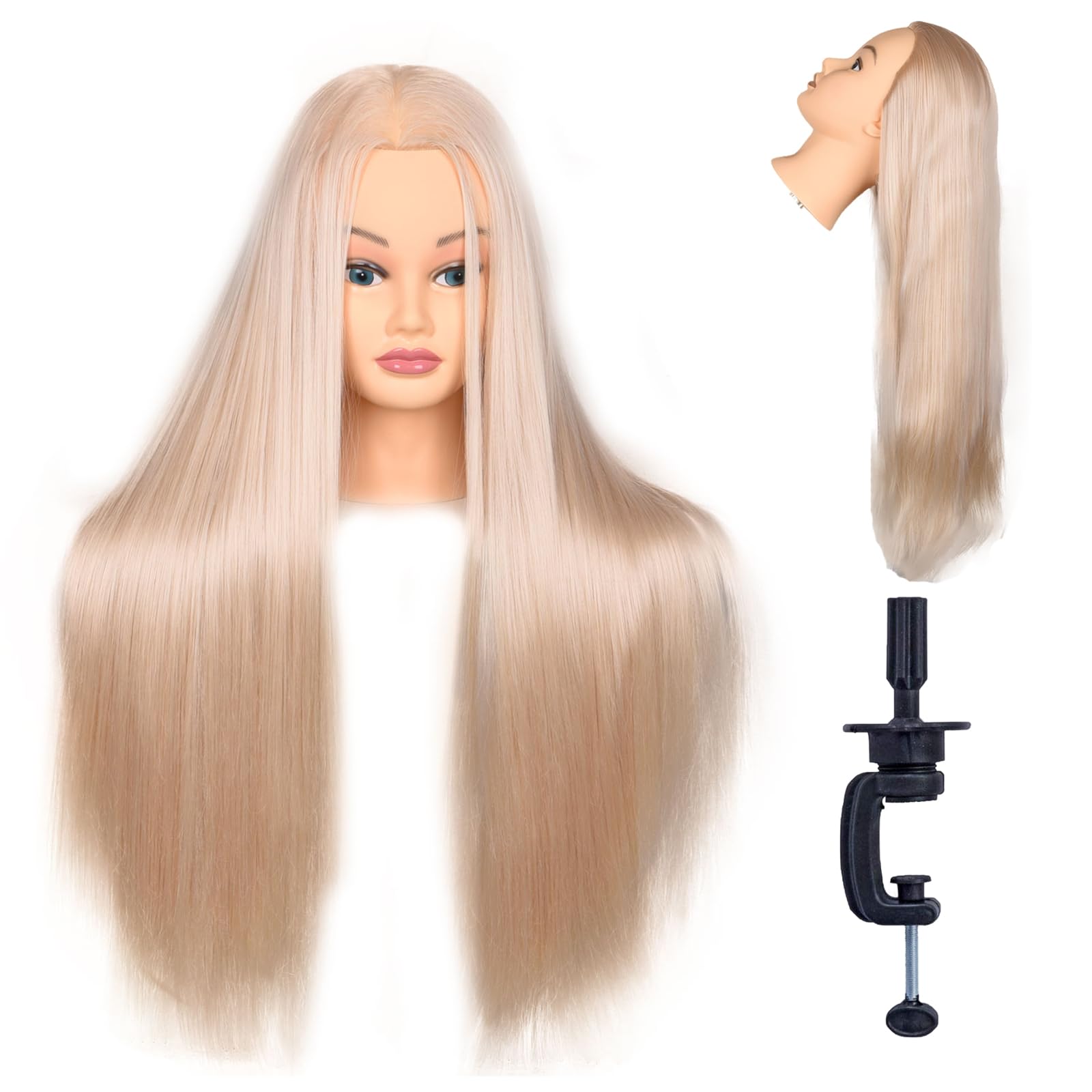 White Smoke Female Mannequin Head 26 Inch Long Hair Training Head Hair Styling Manikin Cosmetology Doll Head Synthetic Fiber Hair Dressing Salon Training Head Model with Free Clamp (Color 613)
