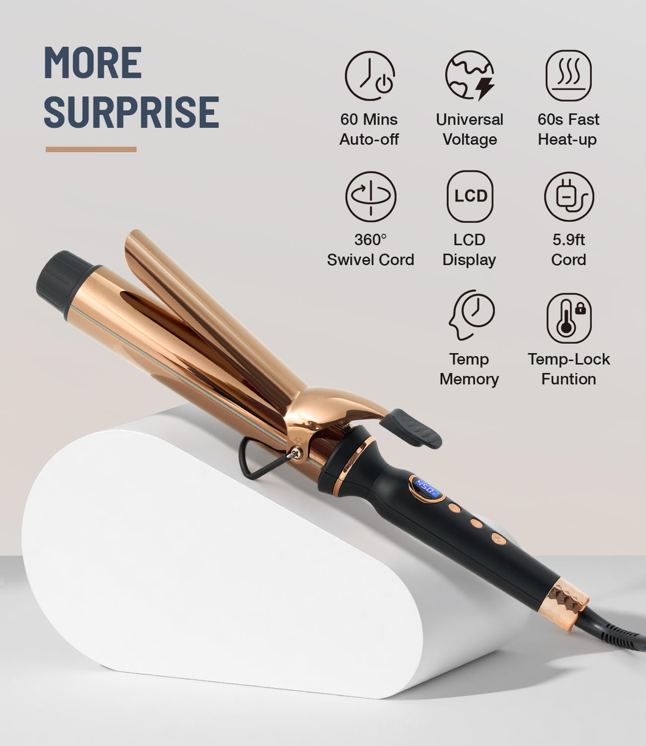 Light Gray ORYNNE Titanium 2 Inch Curling Iron，Extra-Long Barrel for Long Hair, Curling Iron 2 Inch with Dual PTC Heater, 12 Heat Settings Big Barrel Curling Irons, 60 Mins Auto-Off & Dual Voltage