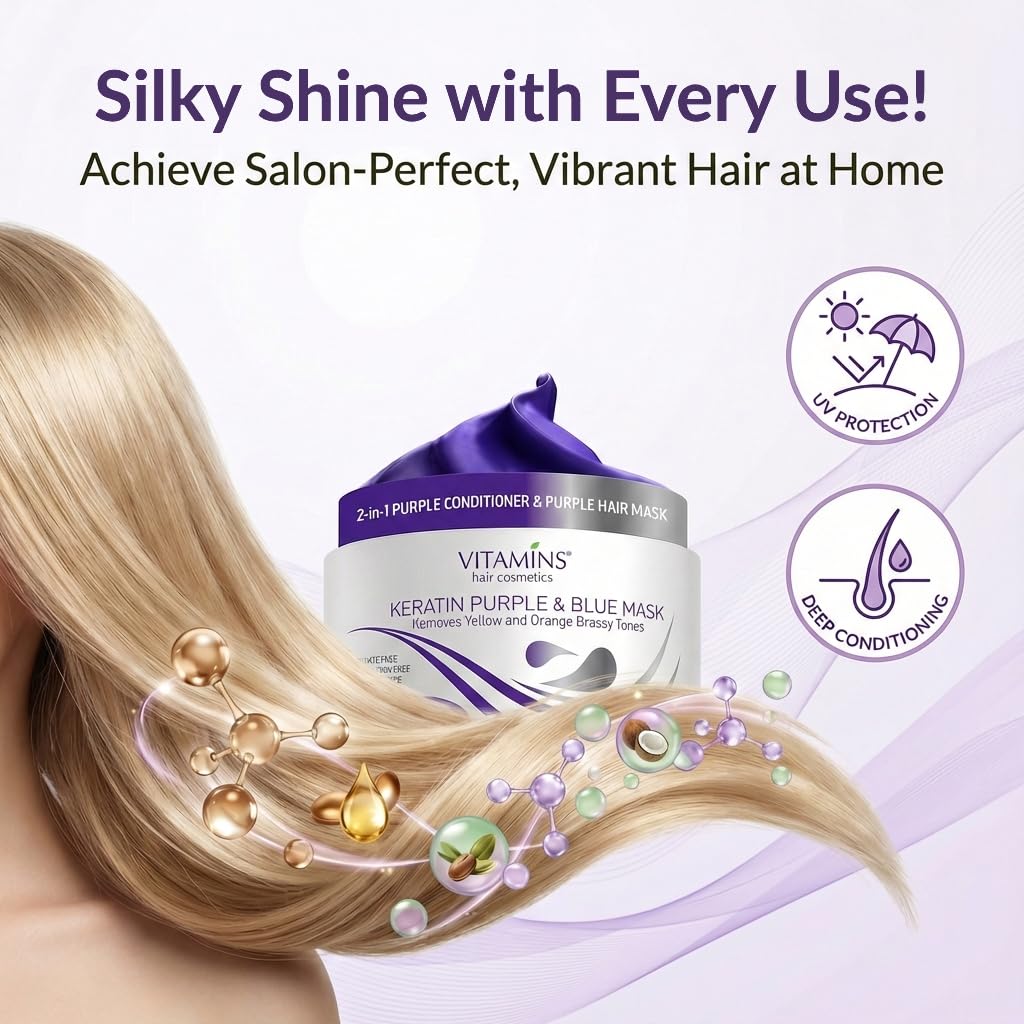 White Smoke VITAMINS hair cosmetics Keratin Purple Hair Mask - Blue Hair Mask Deep Conditioner Treatment - Blonde Toner to Neutralize Brassiness in Brassy Blonde, Silver, White, Gray & Brown Locks
