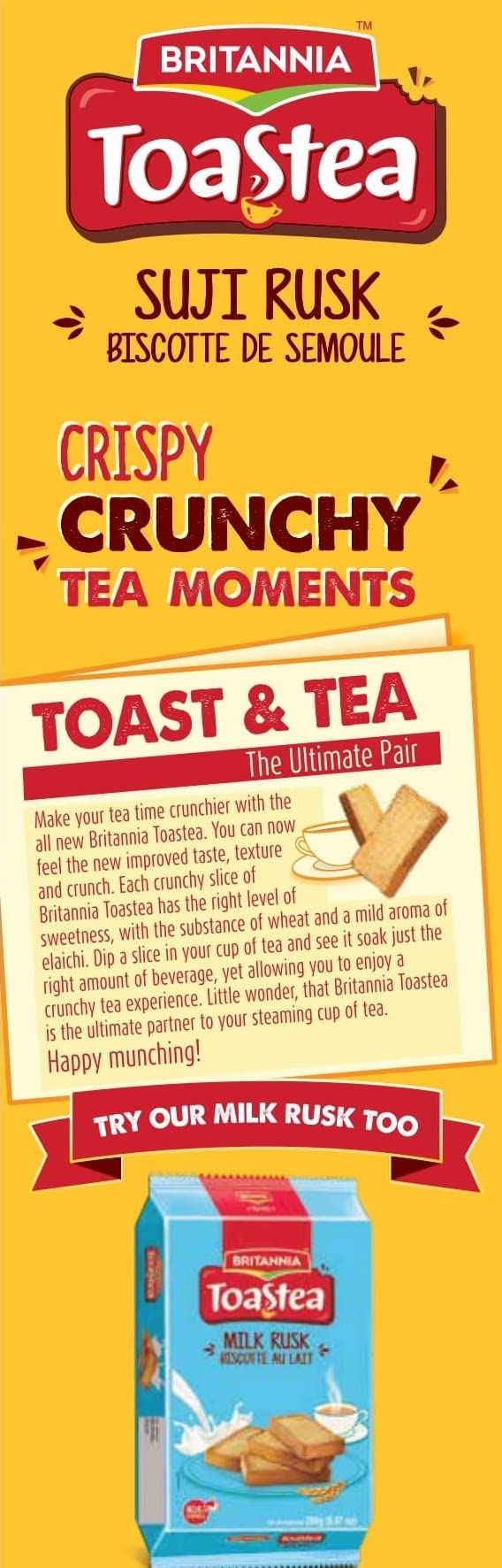 Gold BRITANNIA Toastea Suji Rusk 10.75oz (305g) - Biscotte De Semoule - Crispy Tea Time Snack - Crispy Crunchy Toast - Halal and Suitable for Vegetarians (Pack of 6)