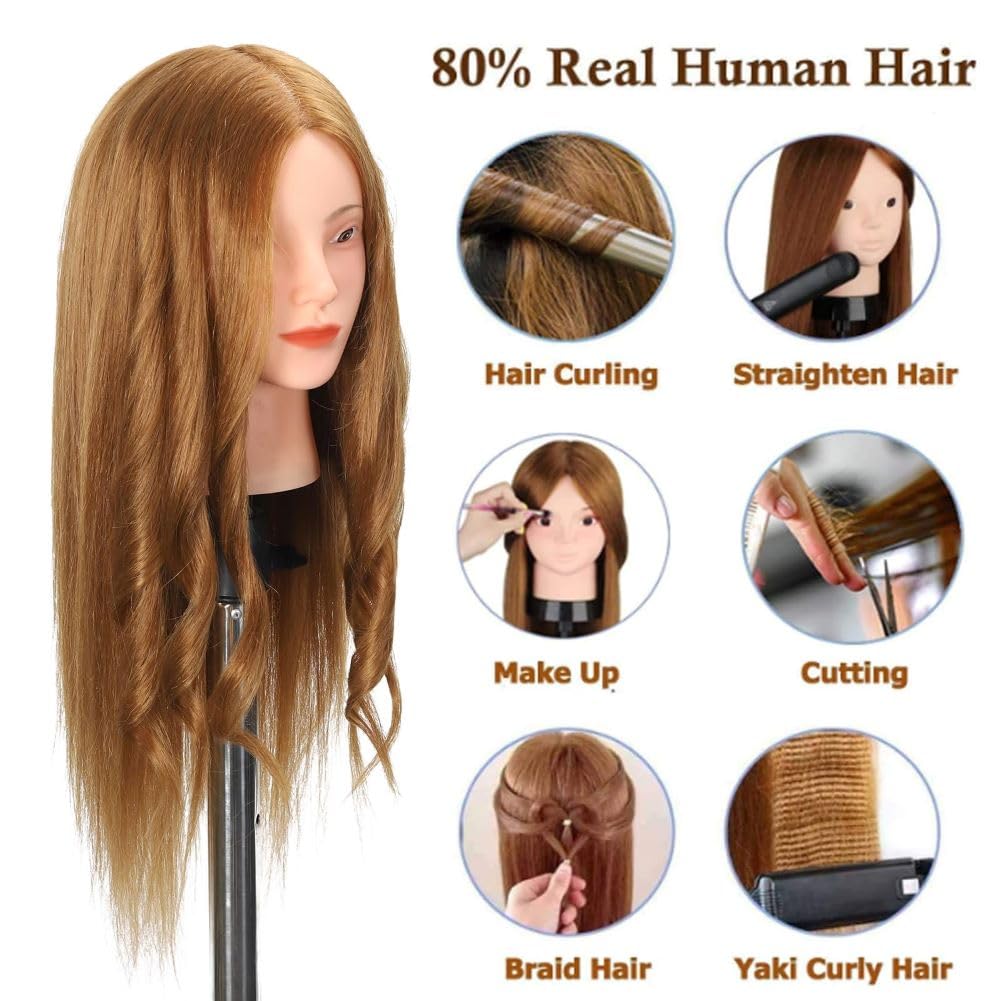 White Smoke Opini Mannequin Head with 80% Human Hair - Straight, 26"-28" Doll Head for Cosmetology & Hairdresser (#27 Light Brown)