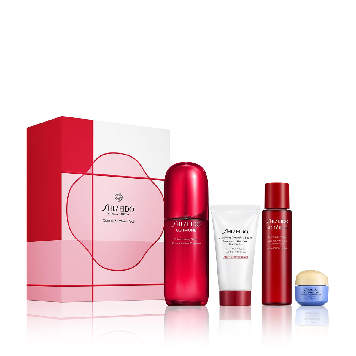 White Smoke Shiseido Correct & Prevent Set - Clarifying Cleansing Foam (50mL), Eudermine Activating Essence (70mL) Ultimune Power Infusing Serum (75mL) & Vital Perfection Advanced Cream (15mL) - $266 Value