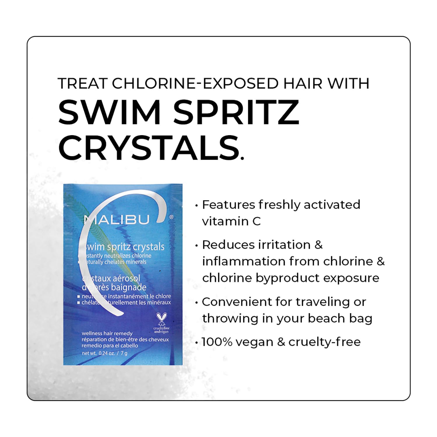 White Smoke Malibu C Swim Spritz Crystals (1 Packet) - Contains Vitamin C to Eliminate Chlorine from Skin & Hair Post Swim - Non-Irritating Chlorine Neutralizer for Hair + Skin