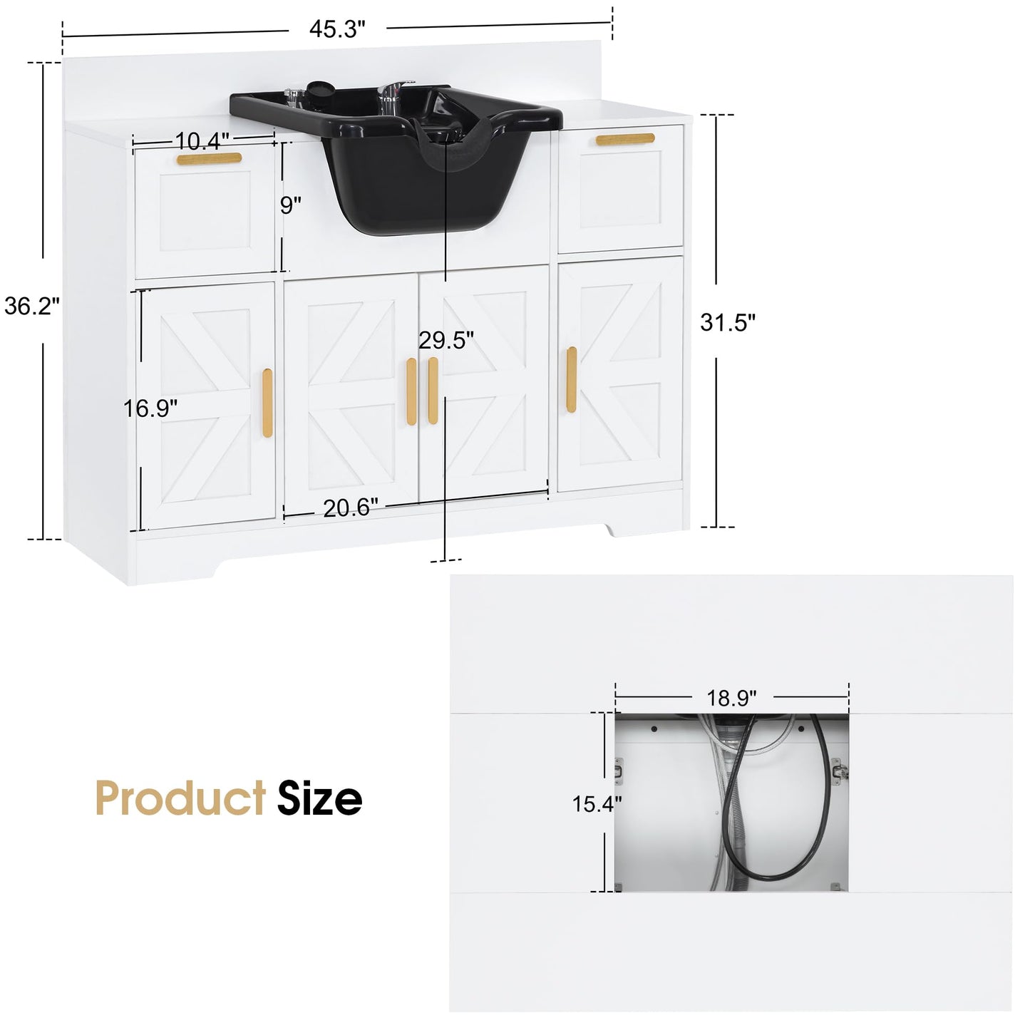 White Smoke BarberPub Portable Shampoo Station, Shampoo Bowl with Cabinet & Drawer, Salon Geometric Finish Station with Sprayer Faucet, Barber Storage Equipment with Hair Wash Backwash Sink 3439 (White & Black)