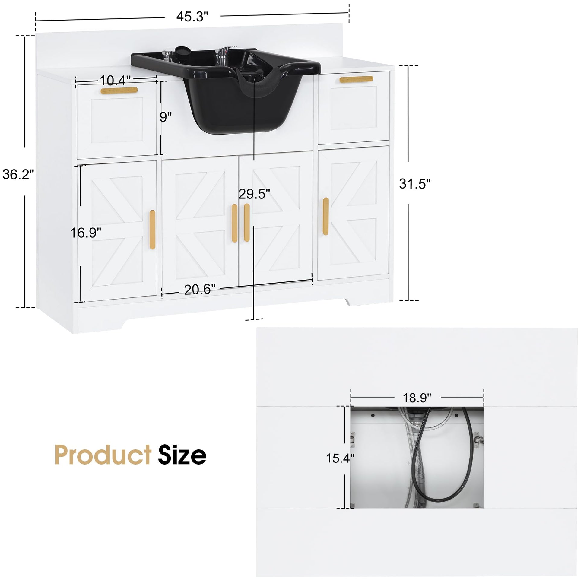 White Smoke BarberPub Portable Shampoo Station, Shampoo Bowl with Cabinet & Drawer, Salon Geometric Finish Station with Sprayer Faucet, Barber Storage Equipment with Hair Wash Backwash Sink 3439 (White & Black)