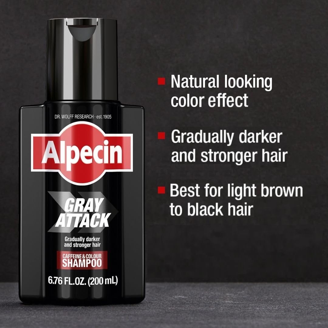 Dark Slate Gray Alpecin Gray Attack Caffeine & Color Shampoo for Men 6.76 Fl Oz | Gradually Darker and Stronger Hair | Natural Looking Color Effect for Less Grays | Leaves Hair Feeling Stronger