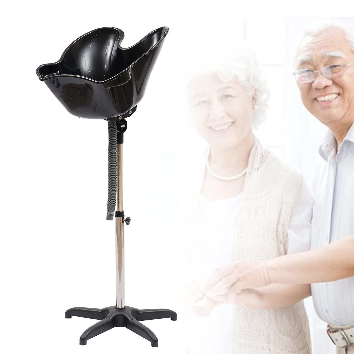 White Smoke Height Adjustable Portable Salon Deep Shampoo Basin Sink Hair Treatment Bowl with Drain Hose, 37.01-48.03 inch, Hair Treatment Barber Bowl Tool for Home Barber Shop Beauty Salon Spa Equipment