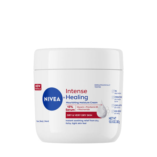 Lavender NIVEA Intense Healing Body Cream for Dry Skin with Glycerin, Provitamin B5 and Niacinamide, 72-Hour Moisture, Non-Greasy Body Moisturizer Immediately Soothes Dry, Itchy Skin Feeling, 13.5 Oz Jar
