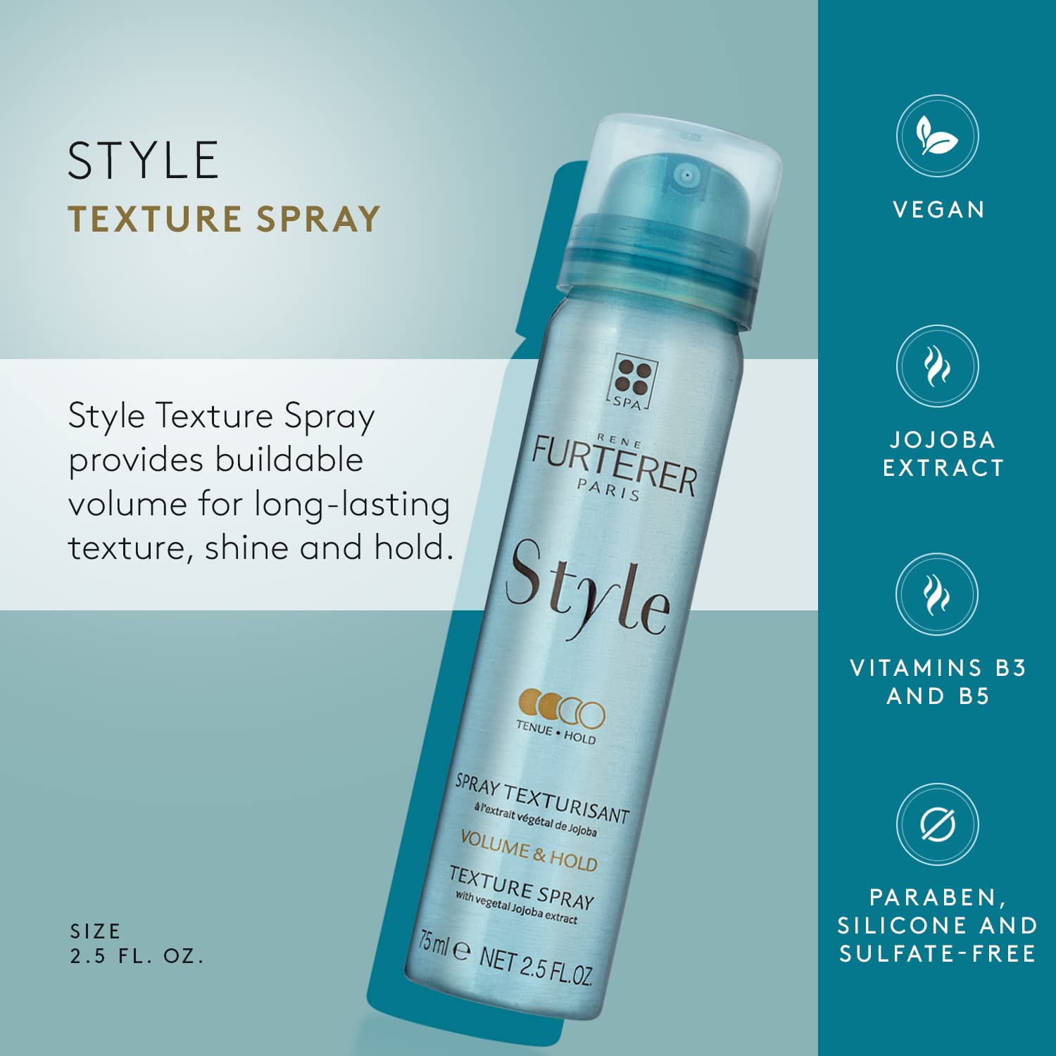 Dark Gray René Furterer STYLE Texture Spray - Adds Volume & Hold - With Moisturizing Jojoba Extract - For All Hair Types - Vegan & Silicone-Free