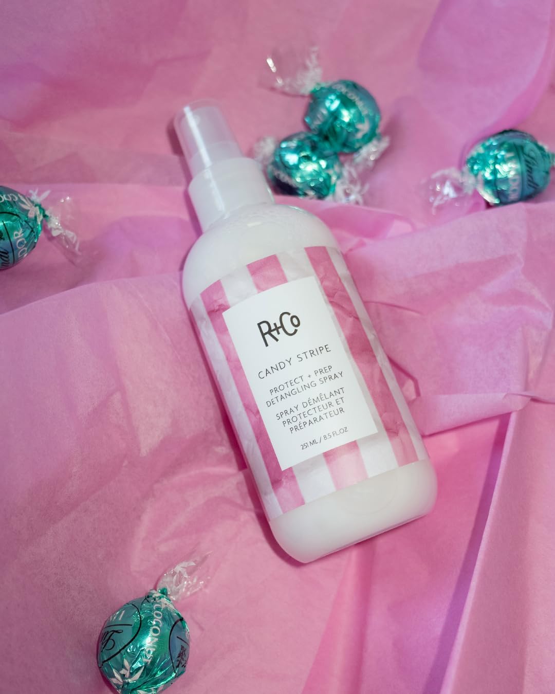Rosy Brown R+Co CANDY STRIPE Protect + Prep Detangling Spray, 8.5 oz/251 mL