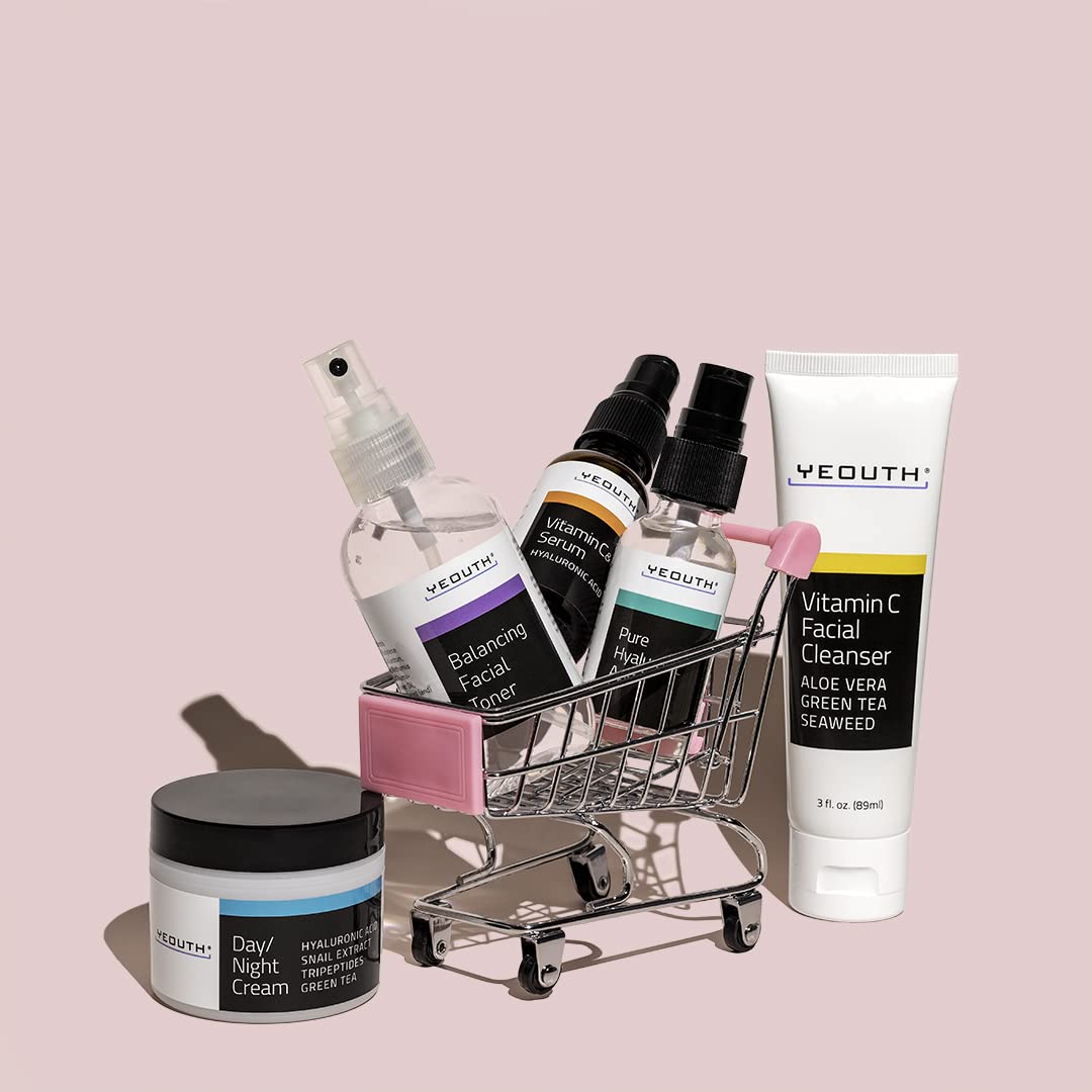 Misty Rose YEOUTH Skin Care Set: Hyaluronic Acid Serum for Face | Vitamin C Facial Serum | Face Cleanser | Skincare Toner & Cream | Hydrating Skin Care Gift Set 5-Piece