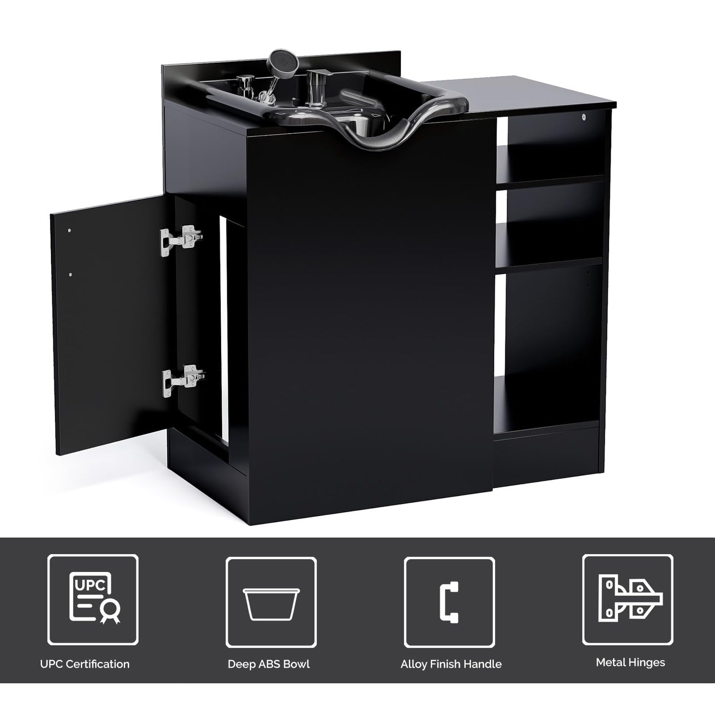 White Smoke OmySalon Salon Station, Shampoo Bowl with Cabinet, Freestanding Backwash Sink with Adjustable Shelf, UPC Certified Faucet, for Spa Beauty, Barber, Home, Black