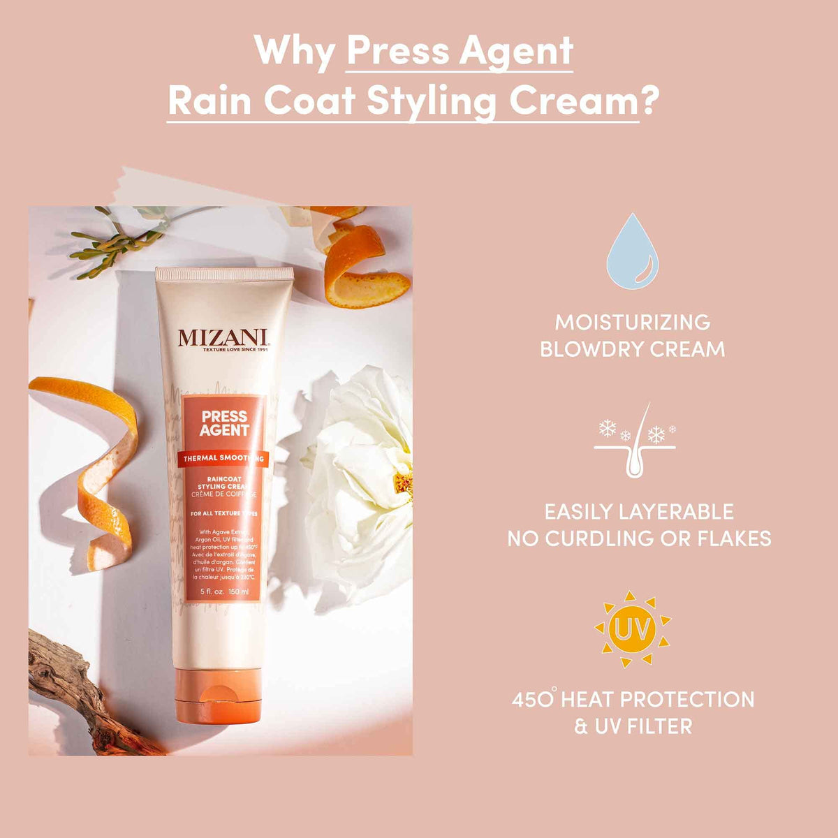 Light Pink Mizani Press Agent Raincoat Styling Cream – For Frizzy Hair
